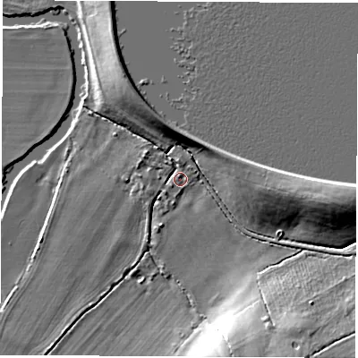 Shaded relief map of the ground around OX29NX, computed from Environment Agency LiDAR. The ground here sits at about 63 m above sea level and falls 13 m across the surrounding 800 m. Surface water reaching this point runs off ground lying to the west-south-west, 2.1 m higher.