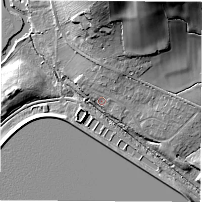 Shaded relief map of the ground around OX29PA, computed from Environment Agency LiDAR. The ground here sits at about 64 m above sea level and falls 36 m across the surrounding 800 m. Surface water reaching this point runs off ground lying to the north-north-east, 23.0 m higher.