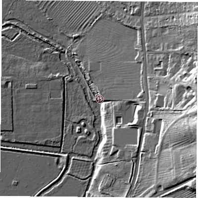 Shaded relief map of the ground around OX30EG, computed from Environment Agency LiDAR. The ground here sits at about 57 m above sea level and falls 25 m across the surrounding 800 m. Surface water reaching this point runs off ground lying to the east-south-east, 9.8 m higher.