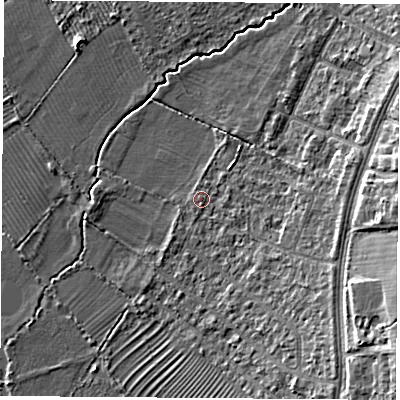 Shaded relief map of the ground around OX30HB, computed from Environment Agency LiDAR. The ground here sits at about 58 m above sea level and falls 11 m across the surrounding 800 m. Surface water reaching this point runs off ground lying to the south-east, 5.6 m higher.