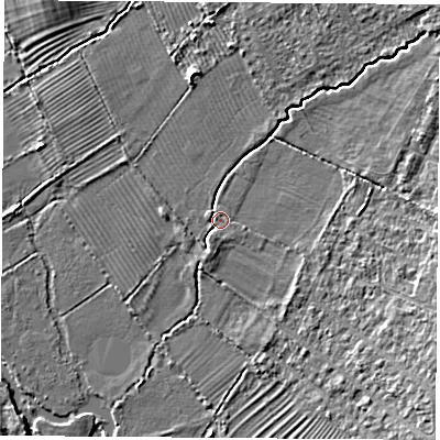 Shaded relief map of the ground around OX30HG, computed from Environment Agency LiDAR. The ground here sits at about 57 m above sea level and falls 6 m across the surrounding 800 m. Surface water reaching this point runs off ground lying to the east-south-east, 3.8 m higher.