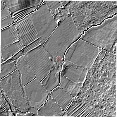 Shaded relief map of the ground around OX30HH, computed from Environment Agency LiDAR. The ground here sits at about 57 m above sea level and falls 5 m across the surrounding 800 m. Surface water reaching this point runs off ground lying to the east-south-east, 3.4 m higher.