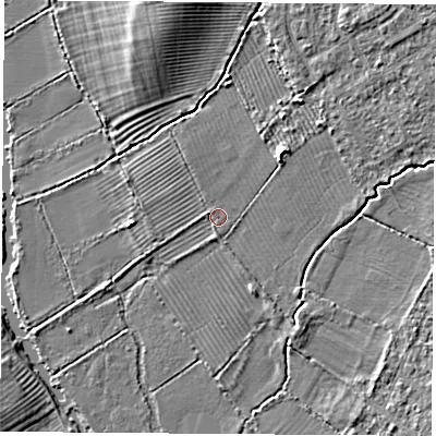 Shaded relief map of the ground around OX30HJ, computed from Environment Agency LiDAR. The ground here sits at about 57 m above sea level and falls 4 m across the surrounding 800 m. Surface water reaching this point runs off ground lying to the north-east, 2.6 m higher.