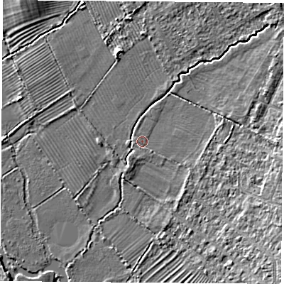 Shaded relief map of the ground around OX30HQ, computed from Environment Agency LiDAR. The ground here sits at about 57 m above sea level and falls 6 m across the surrounding 800 m. Surface water reaching this point runs off ground lying to the east-south-east, 4.1 m higher.