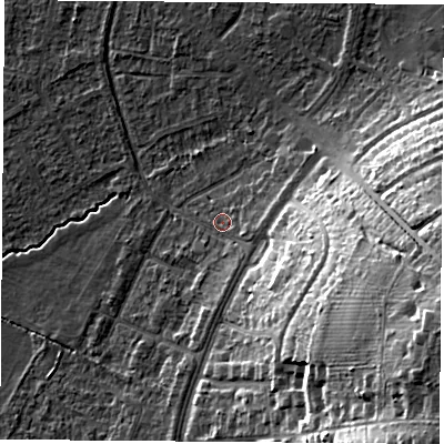 Shaded relief map of the ground around OX30JP, computed from Environment Agency LiDAR. The ground here sits at about 60 m above sea level and falls 29 m across the surrounding 800 m. Surface water reaching this point runs off ground lying to the east-south-east, 11.6 m higher.