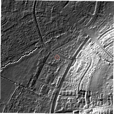 Shaded relief map of the ground around OX30JR, computed from Environment Agency LiDAR. The ground here sits at about 60 m above sea level and falls 29 m across the surrounding 800 m. Surface water reaching this point runs off ground lying to the east-south-east, 12.5 m higher.