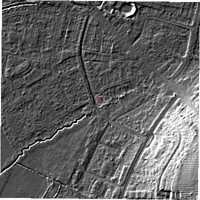 Shaded relief map of the ground around OX30JT, computed from Environment Agency LiDAR. The ground here sits at about 58 m above sea level and falls 24 m across the surrounding 800 m. Surface water reaching this point runs off ground lying to the east-south-east, 20.4 m higher.