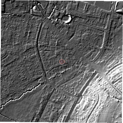 Shaded relief map of the ground around OX30JU, computed from Environment Agency LiDAR. The ground here sits at about 59 m above sea level and falls 27 m across the surrounding 800 m. Surface water reaching this point runs off ground lying to the east-south-east, 3.2 m higher.