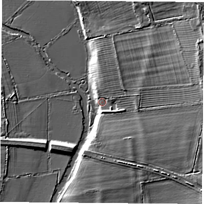Shaded relief map of the ground around OX30PZ, computed from Environment Agency LiDAR. The ground here sits at about 59 m above sea level and falls 12 m across the surrounding 800 m. Surface water reaching this point runs off ground lying to the east-south-east, 2.5 m higher.