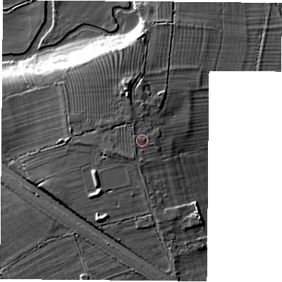 Shaded relief map of the ground around OX30QF, computed from Environment Agency LiDAR. The ground here sits at about 68 m above sea level and falls 14 m across the surrounding 800 m. Surface water reaching this point runs off ground lying to the west-south-west, 1.5 m higher.