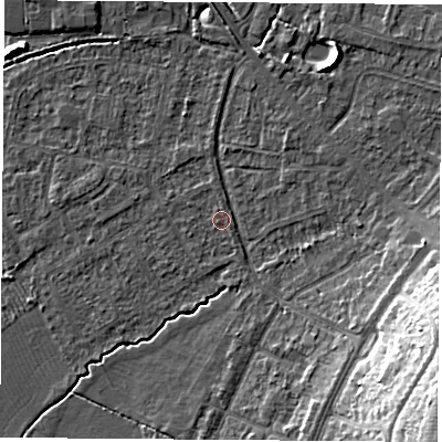 Shaded relief map of the ground around OX30RE, computed from Environment Agency LiDAR. The ground here sits at about 58 m above sea level and falls 20 m across the surrounding 800 m. Surface water reaching this point runs off ground lying to the north, 0.7 m higher.