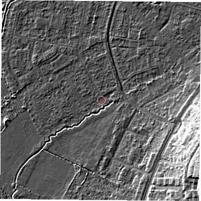 Shaded relief map of the ground around OX30RH, computed from Environment Agency LiDAR. The ground here sits at about 58 m above sea level and falls 17 m across the surrounding 800 m. Surface water reaching this point runs off ground lying to the east-north-east, 1.0 m higher.