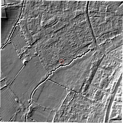 Shaded relief map of the ground around OX30RJ, computed from Environment Agency LiDAR. The ground here sits at about 58 m above sea level and falls 9 m across the surrounding 800 m. Surface water reaching this point runs off ground lying to the east-north-east, 1.1 m higher.