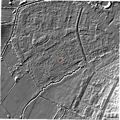 Shaded relief map of the ground around OX30RN, computed from Environment Agency LiDAR. The ground here sits at about 58 m above sea level and falls 10 m across the surrounding 800 m. The ground contributing surface water to this point lies to the north-north-east.