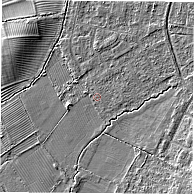 Shaded relief map of the ground around OX30RP, computed from Environment Agency LiDAR. The ground here sits at about 57 m above sea level and falls 5 m across the surrounding 800 m. The ground contributing surface water to this point lies to the west-north-west.