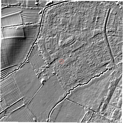 Shaded relief map of the ground around OX30RU, computed from Environment Agency LiDAR. The ground here sits at about 57 m above sea level and falls 7 m across the surrounding 800 m. Surface water reaching this point runs off ground lying to the east-north-east, 1.8 m higher.