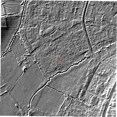 Shaded relief map of the ground around OX30RW, computed from Environment Agency LiDAR. The ground here sits at about 58 m above sea level and falls 8 m across the surrounding 800 m. The ground contributing surface water to this point lies to the north-north-east.