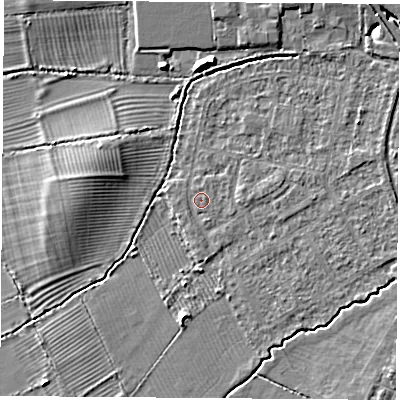 Shaded relief map of the ground around OX30SL, computed from Environment Agency LiDAR. The ground here sits at about 58 m above sea level and falls 7 m across the surrounding 800 m. The ground contributing surface water to this point lies to the north-north-east.