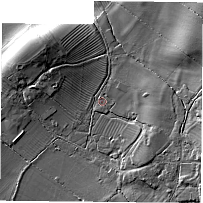 Shaded relief map of the ground around OX331AR, computed from Environment Agency LiDAR. The ground here sits at about 65 m above sea level and falls 13 m across the surrounding 800 m. Surface water reaching this point runs off ground lying to the north-north-west, 1.7 m higher.