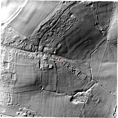 Shaded relief map of the ground around OX331BG, computed from Environment Agency LiDAR. The ground here sits at about 87 m above sea level and falls 32 m across the surrounding 800 m. Surface water reaching this point runs off ground lying to the west-north-west, 14.4 m higher.