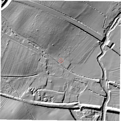 Shaded relief map of the ground around OX331DW, computed from Environment Agency LiDAR. The ground here sits at about 57 m above sea level and falls 19 m across the surrounding 800 m. Surface water reaching this point runs off ground lying to the north-north-west, 14.5 m higher.