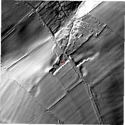 Shaded relief map of the ground around OX331ET, computed from Environment Agency LiDAR. The ground here sits at about 105 m above sea level and falls 20 m across the surrounding 800 m. Surface water reaching this point runs off ground lying to the south, 4.9 m higher.