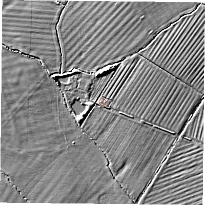 Shaded relief map of the ground around OX331HL, computed from Environment Agency LiDAR. The ground here sits at about 64 m above sea level and falls 5 m across the surrounding 800 m. Surface water reaching this point runs off ground lying to the north, 4.2 m higher.