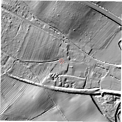 Shaded relief map of the ground around OX331JG, computed from Environment Agency LiDAR. The ground here sits at about 60 m above sea level and falls 28 m across the surrounding 800 m. Surface water reaching this point runs off ground lying to the west-south-west, 12.9 m higher.