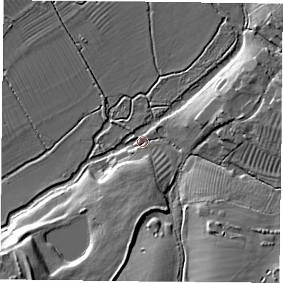 Shaded relief map of the ground around OX331JX, computed from Environment Agency LiDAR. The ground here sits at about 57 m above sea level and falls 16 m across the surrounding 800 m. Surface water reaching this point runs off ground lying to the south-south-east, 13.5 m higher.