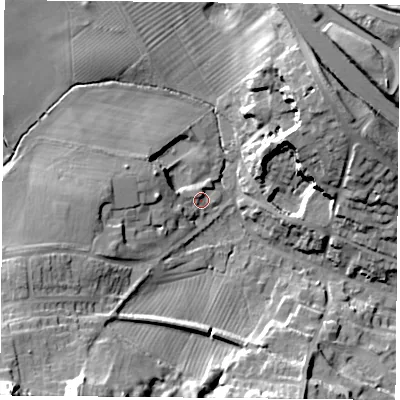 Shaded relief map of the ground around OX331NJ, computed from Environment Agency LiDAR. The ground here sits at about 78 m above sea level and falls 32 m across the surrounding 800 m. Surface water reaching this point runs off ground lying to the west, 9.7 m higher.