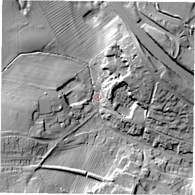 Shaded relief map of the ground around OX331NQ, computed from Environment Agency LiDAR. The ground here sits at about 77 m above sea level and falls 25 m across the surrounding 800 m. Surface water reaching this point runs off ground lying to the north-east, 20.7 m higher.