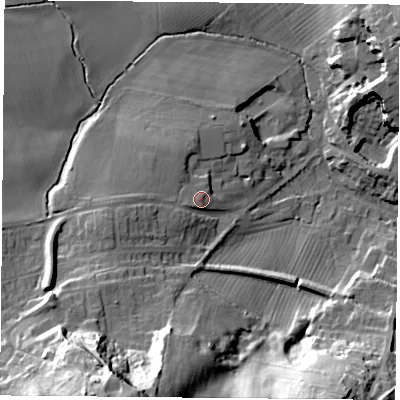 Shaded relief map of the ground around OX331NW, computed from Environment Agency LiDAR. The ground here sits at about 86 m above sea level and falls 46 m across the surrounding 800 m. Surface water reaching this point runs off ground lying to the west-south-west, 7.1 m higher.