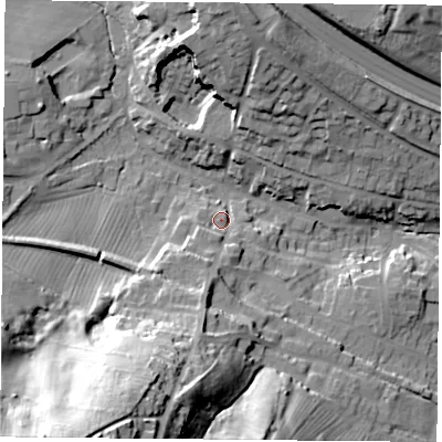 Shaded relief map of the ground around OX331ST, computed from Environment Agency LiDAR. The ground here sits at about 77 m above sea level and falls 50 m across the surrounding 800 m. Surface water reaching this point runs off ground lying to the south-south-west, 11.9 m higher.