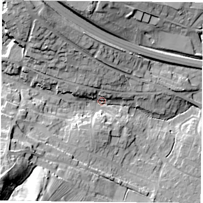 Shaded relief map of the ground around OX331UE, computed from Environment Agency LiDAR. The ground here sits at about 71 m above sea level and falls 39 m across the surrounding 800 m. Surface water reaching this point runs off ground lying to the south-west, 34.3 m higher.