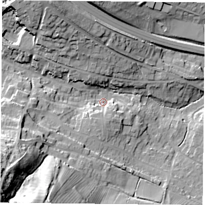 Shaded relief map of the ground around OX331UF, computed from Environment Agency LiDAR. The ground here sits at about 73 m above sea level and falls 46 m across the surrounding 800 m. Surface water reaching this point runs off ground lying to the south, 7.2 m higher.