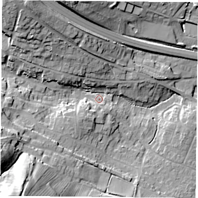 Shaded relief map of the ground around OX331UH, computed from Environment Agency LiDAR. The ground here sits at about 71 m above sea level and falls 41 m across the surrounding 800 m. Surface water reaching this point runs off ground lying to the south-south-east, 4.4 m higher.