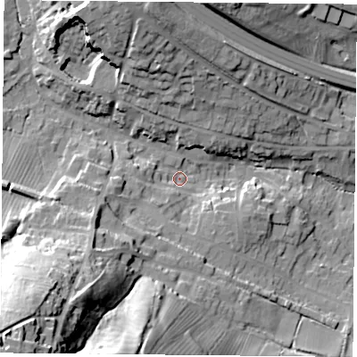 Shaded relief map of the ground around OX331XJ, computed from Environment Agency LiDAR. The ground here sits at about 73 m above sea level and falls 56 m across the surrounding 800 m. Surface water reaching this point runs off ground lying to the south-west, 49.9 m higher.