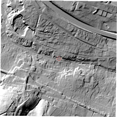 Shaded relief map of the ground around OX331XP, computed from Environment Agency LiDAR. The ground here sits at about 74 m above sea level and falls 51 m across the surrounding 800 m. Surface water reaching this point runs off ground lying to the north-north-west, 8.3 m higher.