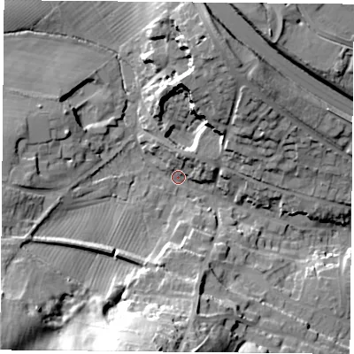 Shaded relief map of the ground around OX331XX, computed from Environment Agency LiDAR. The ground here sits at about 75 m above sea level and falls 41 m across the surrounding 800 m. Surface water reaching this point runs off ground lying to the south-west, 38.0 m higher.
