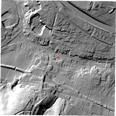 Shaded relief map of the ground around OX331XY, computed from Environment Agency LiDAR. The ground here sits at about 74 m above sea level and falls 50 m across the surrounding 800 m. Surface water reaching this point runs off ground lying to the south-west, 44.9 m higher.