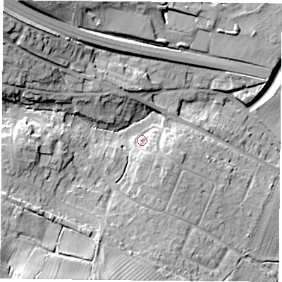 Shaded relief map of the ground around OX331YG, computed from Environment Agency LiDAR. The ground here sits at about 69 m above sea level and falls 28 m across the surrounding 800 m. Surface water reaching this point runs off ground lying to the south-east, 6.8 m higher.