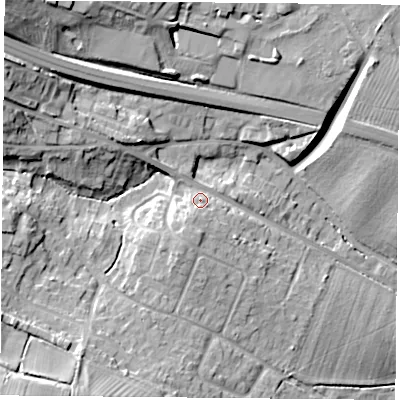 Shaded relief map of the ground around OX331YQ, computed from Environment Agency LiDAR. The ground here sits at about 69 m above sea level and falls 24 m across the surrounding 800 m. Surface water reaching this point runs off ground lying to the south-west, 16.9 m higher.