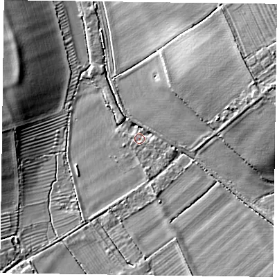Shaded relief map of the ground around OX394LA, computed from Environment Agency LiDAR. The ground here sits at about 85 m above sea level and falls 15 m across the surrounding 800 m. Surface water reaching this point runs off ground lying to the east-north-east, 11.9 m higher.