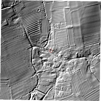 Shaded relief map of the ground around OX394LY, computed from Environment Agency LiDAR. The ground here sits at about 84 m above sea level and falls 14 m across the surrounding 800 m. Surface water reaching this point runs off ground lying to the east, 9.4 m higher.