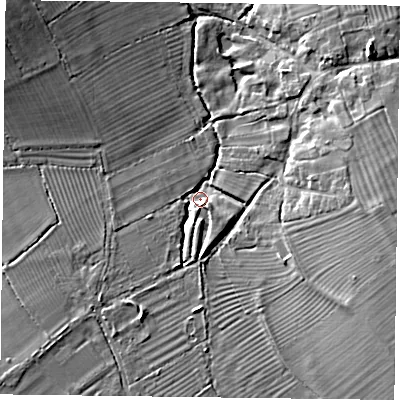 Shaded relief map of the ground around OX394NF, computed from Environment Agency LiDAR. The ground here sits at about 86 m above sea level and falls 15 m across the surrounding 800 m. Surface water reaching this point runs off ground lying to the south-east, 12.2 m higher.