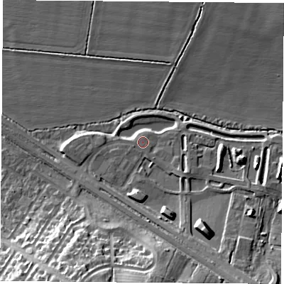 Shaded relief map of the ground around OX39FU, computed from Environment Agency LiDAR. The ground here sits at about 65 m above sea level and falls 21 m across the surrounding 800 m. The ground contributing surface water to this point lies to the south-south-east.