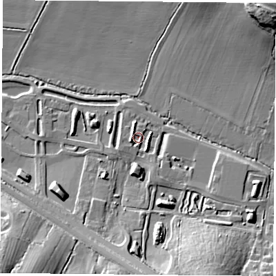 Shaded relief map of the ground around OX39GS, computed from Environment Agency LiDAR. The ground here sits at about 67 m above sea level and falls 26 m across the surrounding 800 m. Surface water reaching this point runs off ground lying to the south, 7.3 m higher.
