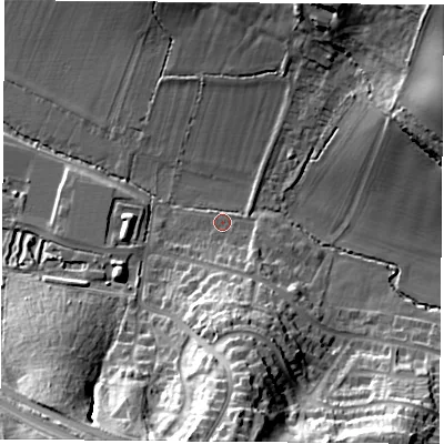 Shaded relief map of the ground around OX39NS, computed from Environment Agency LiDAR. The ground here sits at about 69 m above sea level and falls 31 m across the surrounding 800 m. Surface water reaching this point runs off ground lying to the south, 27.3 m higher.