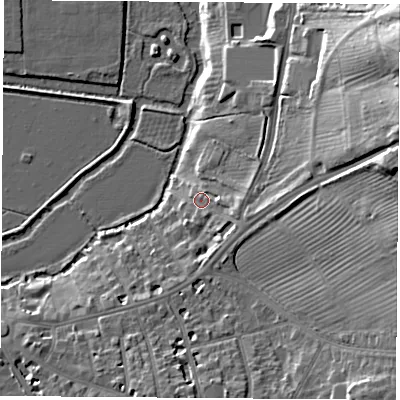 Shaded relief map of the ground around OX41BG, computed from Environment Agency LiDAR. The ground here sits at about 59 m above sea level and falls 27 m across the surrounding 800 m. Surface water reaching this point runs off ground lying to the east, 5.8 m higher.