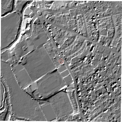 Shaded relief map of the ground around OX41EQ, computed from Environment Agency LiDAR. The ground here sits at about 61 m above sea level and falls 12 m across the surrounding 800 m. Surface water reaching this point runs off ground lying to the east, 4.6 m higher.